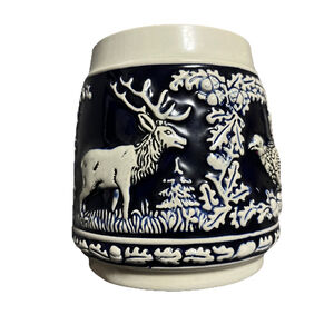 Vintage Marzi & Remy Elk & Turkey, German Beer Stein Dark Blue Relief .5L